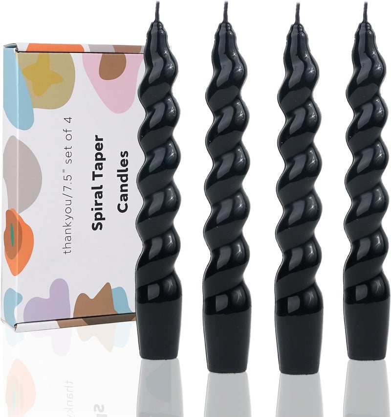 LPUSA Black Spiral Taper Candles Handmade Candlestick Candles Wax Unscented Dinner Candle Dripless for Wedding, Dinner, Holiday, Party, Home Decor Set of 4（7.6''Black - Image 1